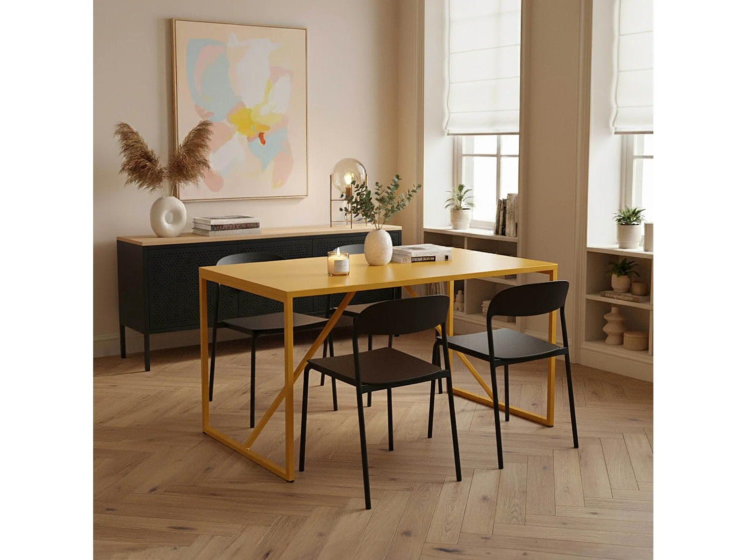 Table à manger rectangulaire 4 places en acier jaune