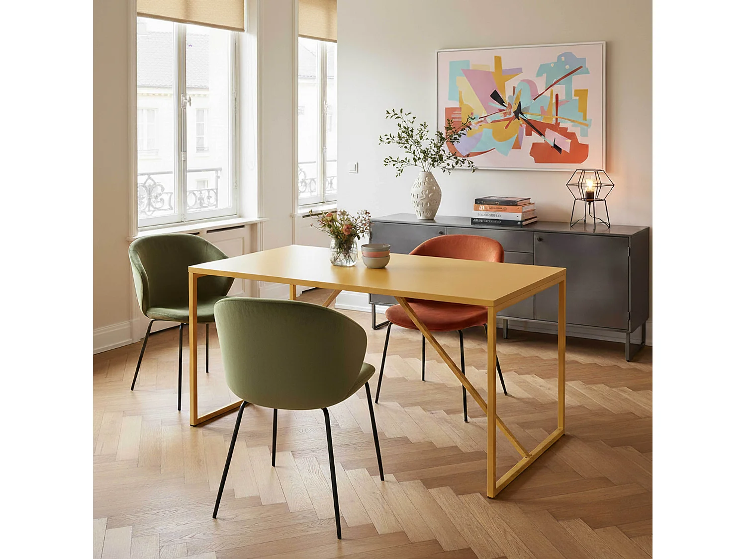 Table à manger rectangulaire 4 places en acier jaune