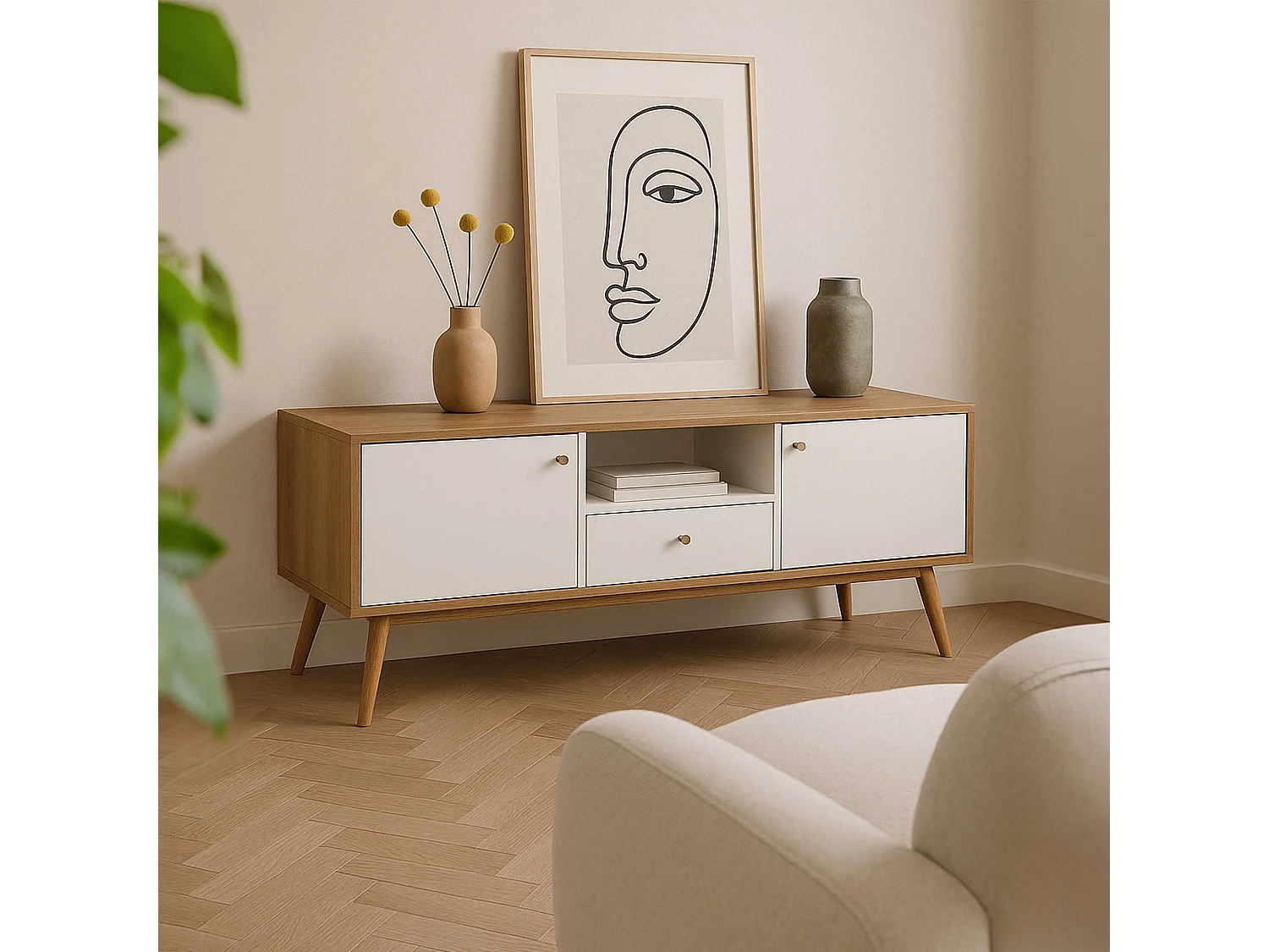 Meuble TV effet bois clair et blanc 150 cm scandinave
