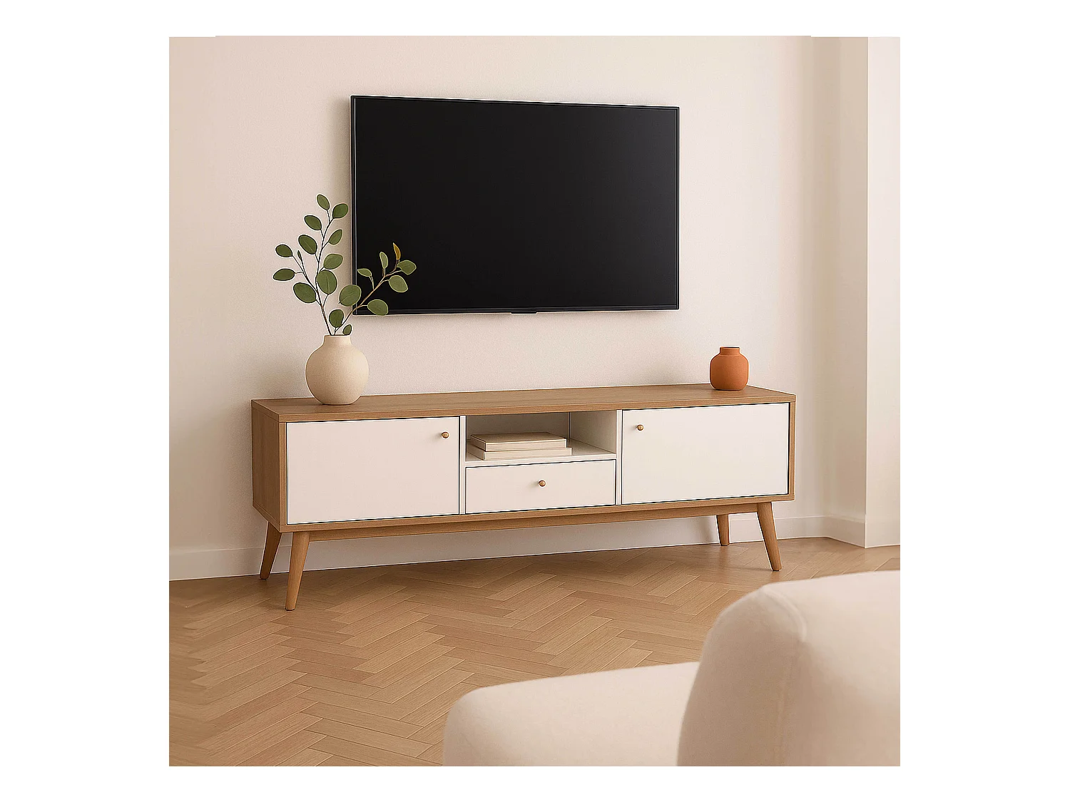 Meuble TV effet bois clair et blanc 150 cm scandinave