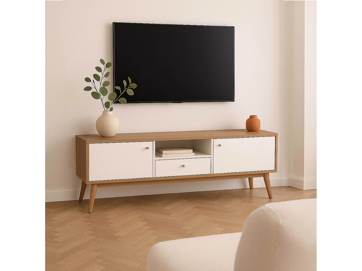 Meuble TV effet bois clair et blanc 150 cm scandinave