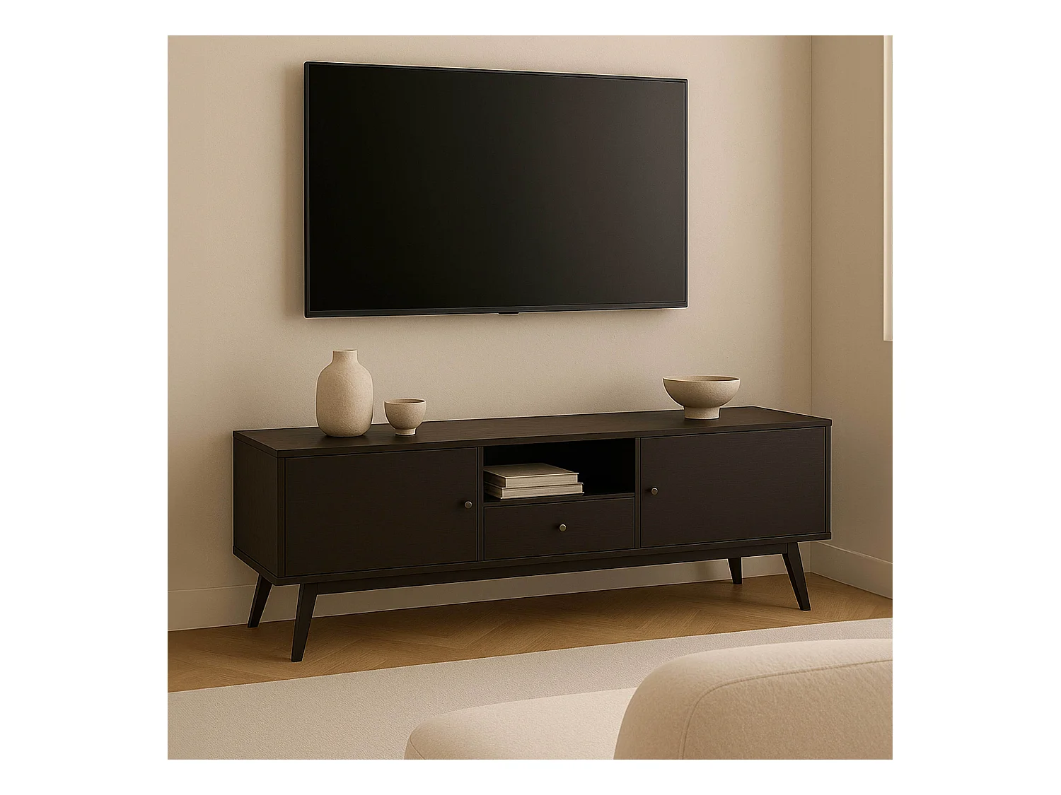 Meuble TV effet bois noir 150 cm scandinave
