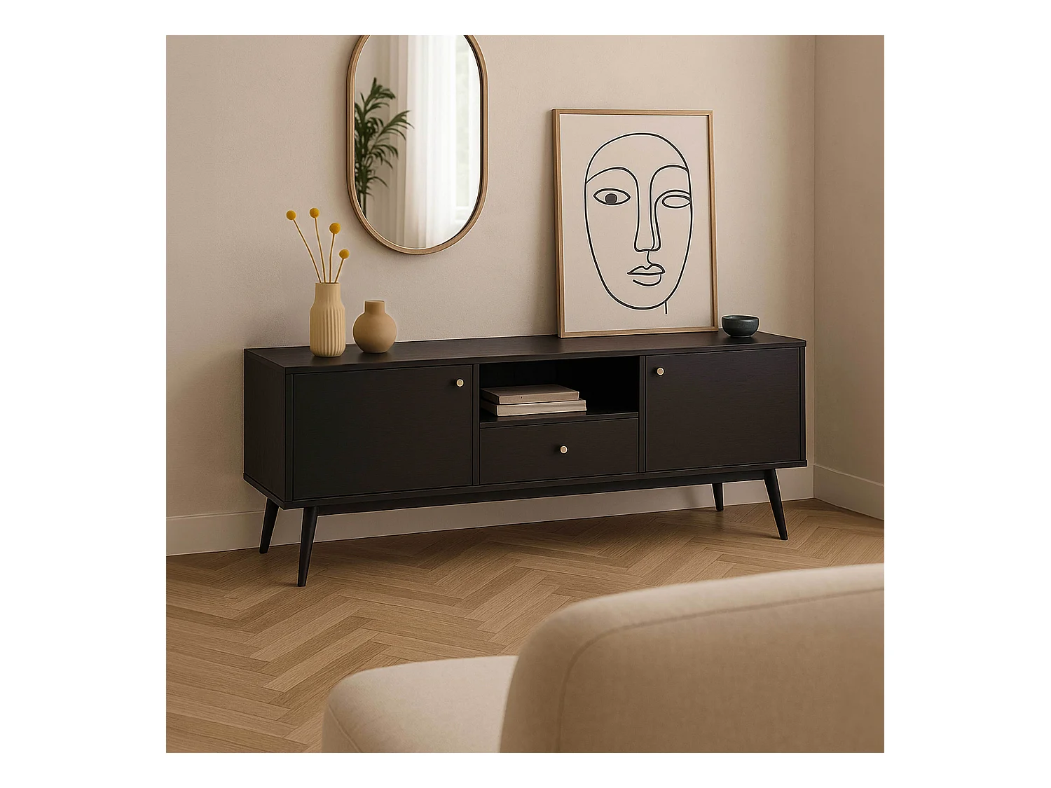 Meuble TV effet bois noir 150 cm scandinave