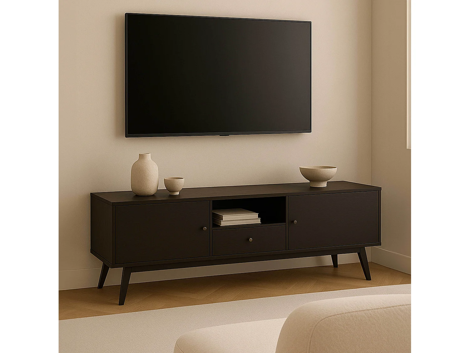 Meuble TV effet bois noir 150 cm scandinave