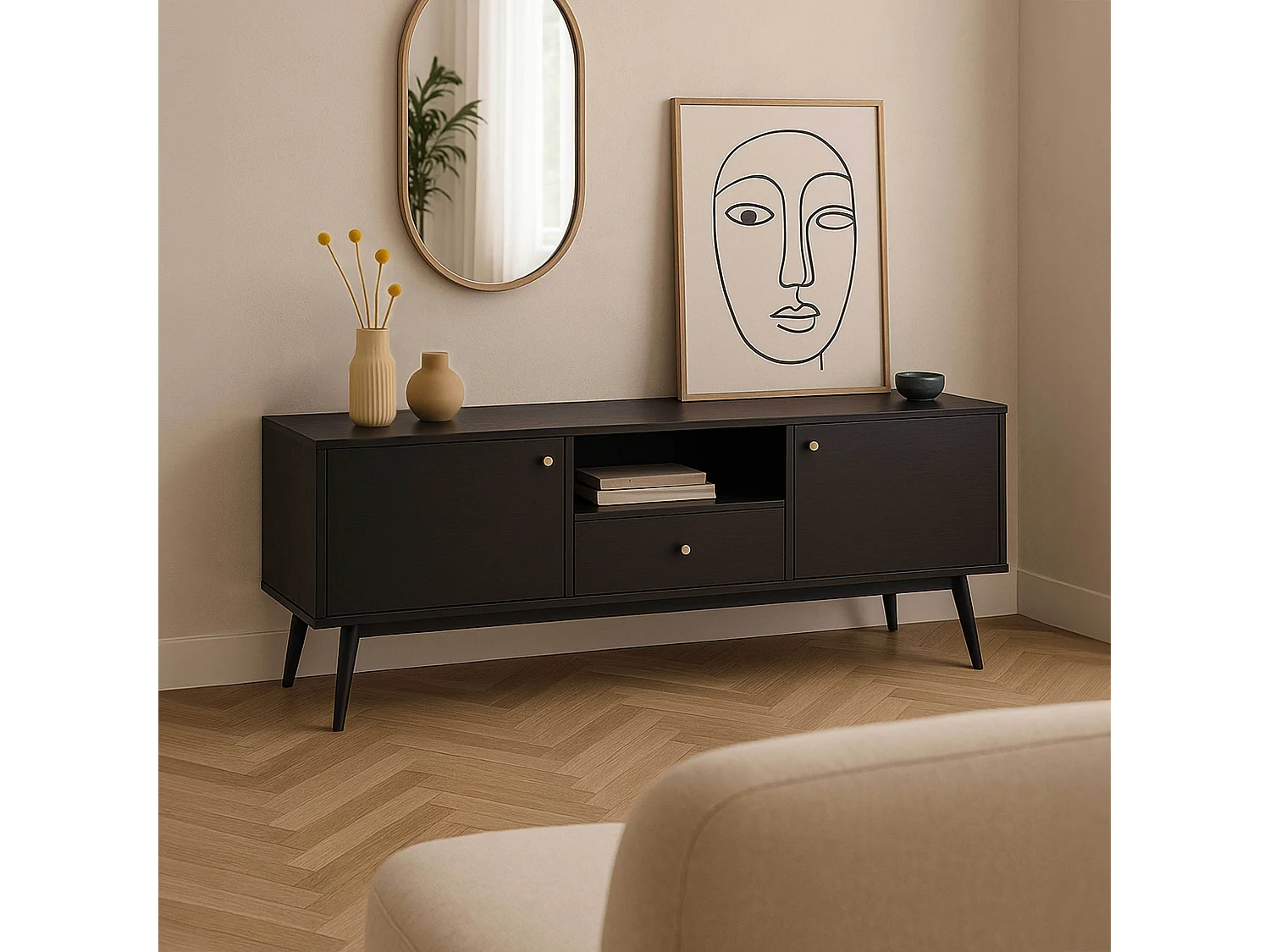 Meuble TV effet bois noir 150 cm scandinave