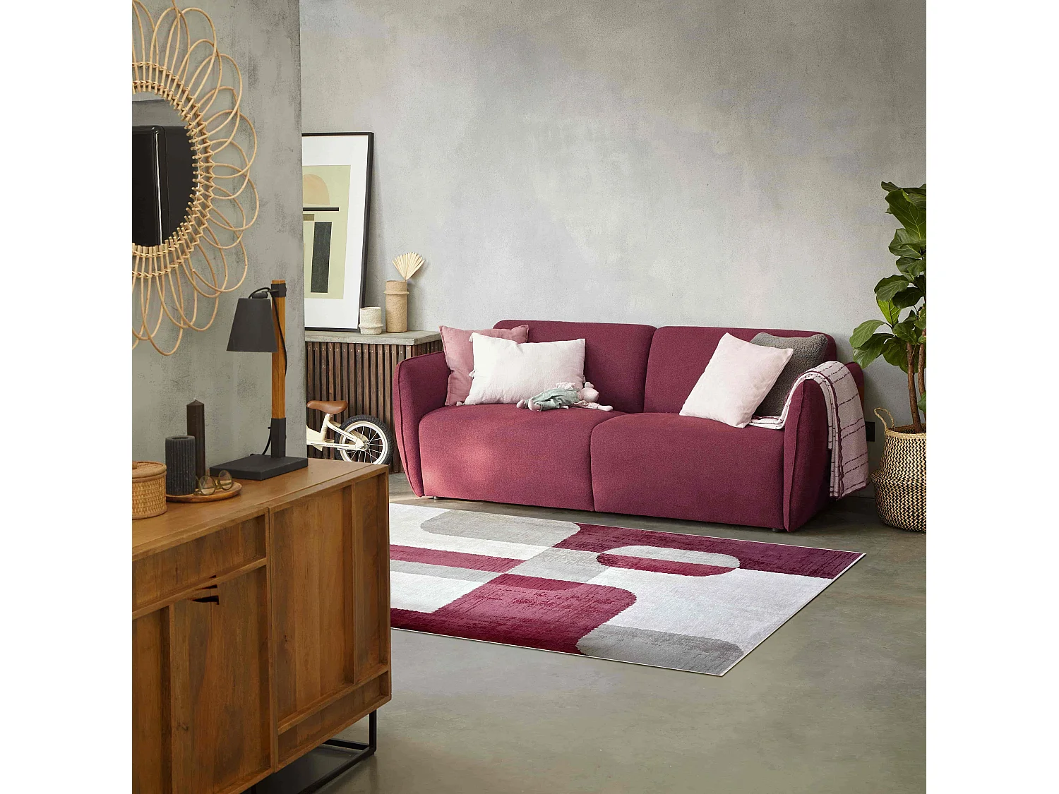 Tapis chenille rectangulaire en polyester à poils courts fuschia