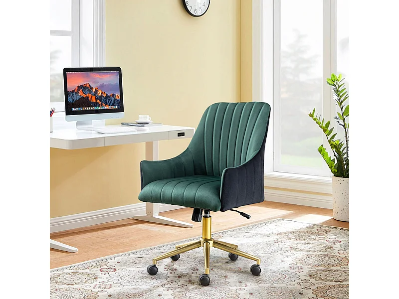 Chaise de bureau pivotante en velours - avec 5 roulettes - hauteur réglable - charge 150kg - Vert