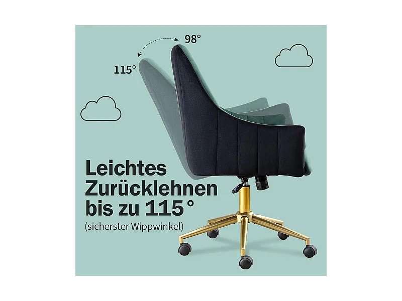 Chaise de bureau pivotante en velours - avec 5 roulettes - hauteur réglable - charge 150kg - Vert