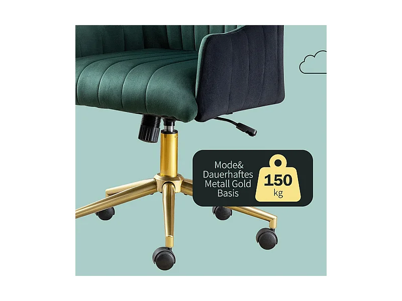 Chaise de bureau pivotante en velours - avec 5 roulettes - hauteur réglable - charge 150kg - Vert