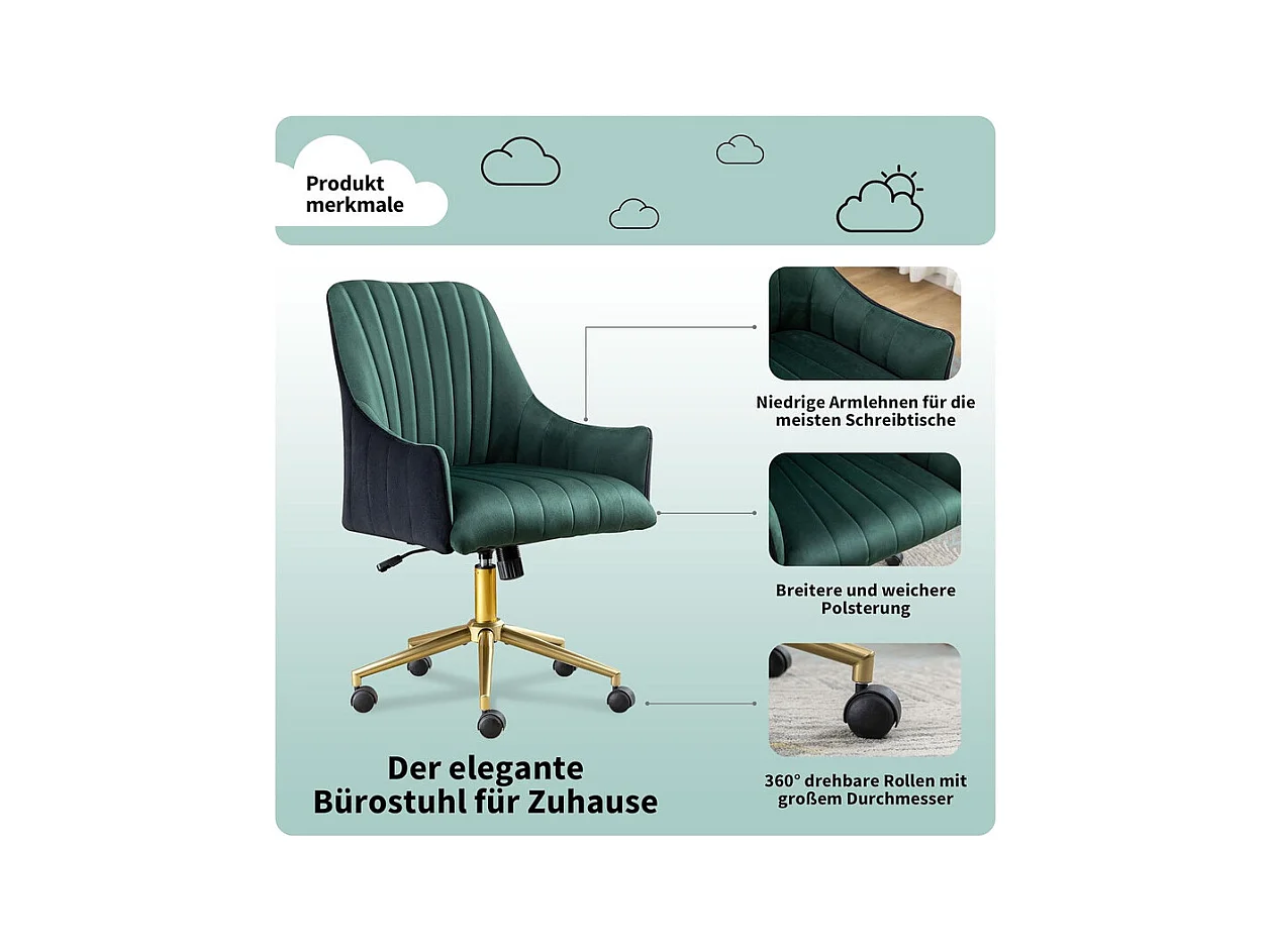 Chaise de bureau pivotante en velours - avec 5 roulettes - hauteur réglable - charge 150kg - Vert
