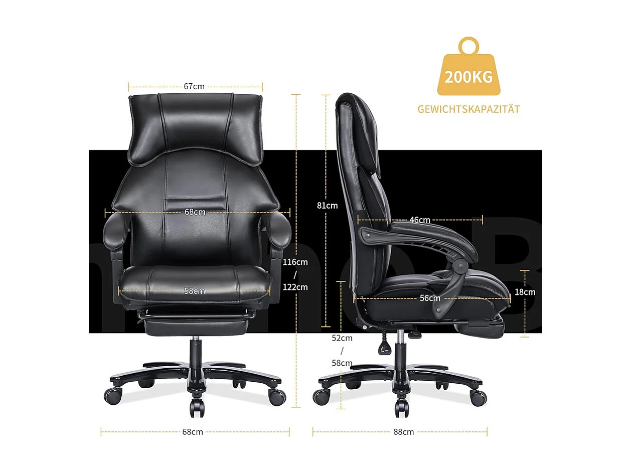Bürostuhl aus PU-Leder mit Fußstütze, neigbarer drehbarer Sitz, Metallrahmen, Belastung 200 kg