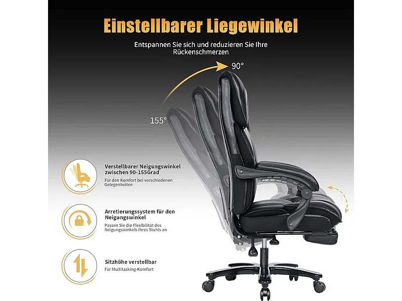 Bürostuhl aus PU-Leder mit Fußstütze, neigbarer drehbarer Sitz, Metallrahmen, Belastung 200 kg