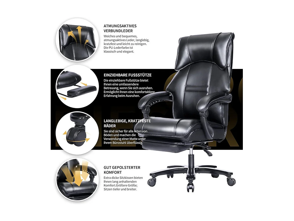 Bürostuhl aus PU-Leder mit Fußstütze, neigbarer drehbarer Sitz, Metallrahmen, Belastung 200 kg