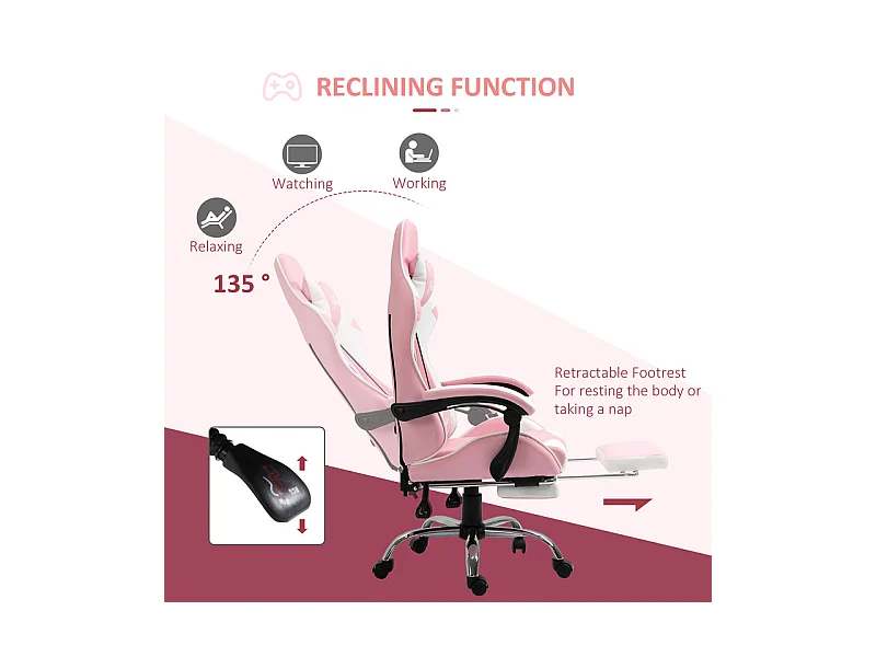 Gaming-Stuhl aus Leder, mit Fußstütze Kopfstütze Lendenkissen, höhenverstellbar, ergonomisch, 64x67x119/127cm