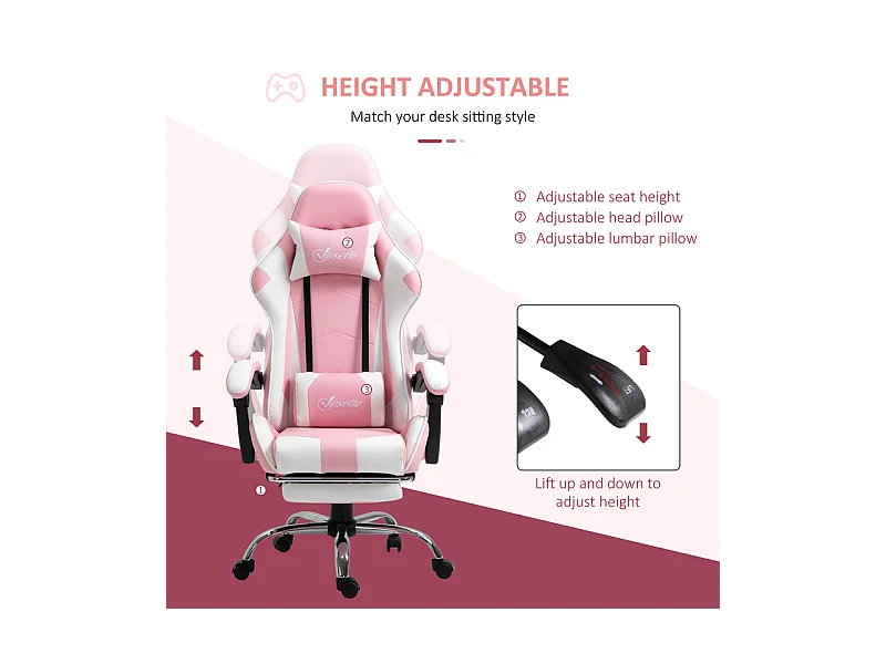 Gaming-Stuhl aus Leder, mit Fußstütze Kopfstütze Lendenkissen, höhenverstellbar, ergonomisch, 64x67x119/127cm