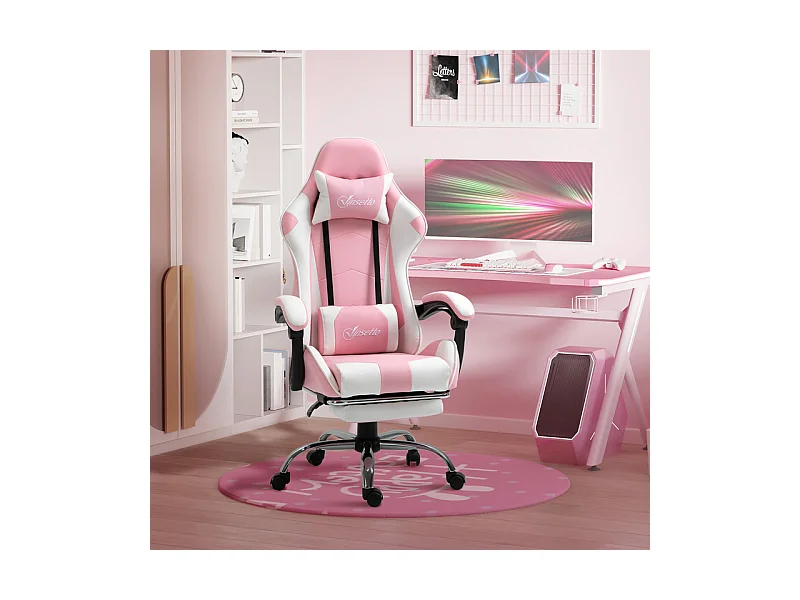 Chaise Gaming en Cuir, avec Repose-Pieds appui-tête coussin lombaire, hauteur réglable, ergonomique, 64x67x119/127cm