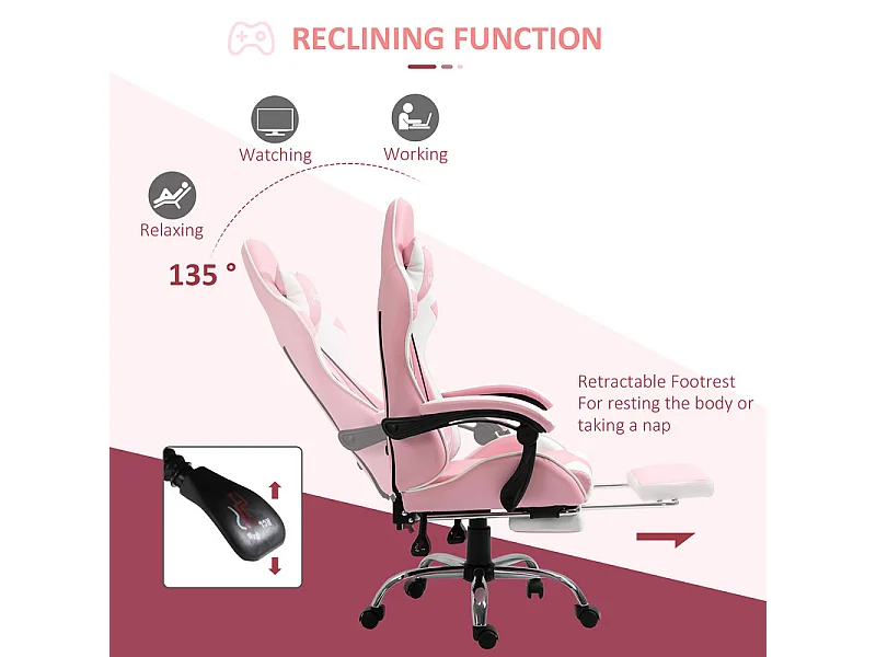 Chaise Gaming en Cuir, avec Repose-Pieds appui-tête coussin lombaire, hauteur réglable, ergonomique, 64x67x119/127cm