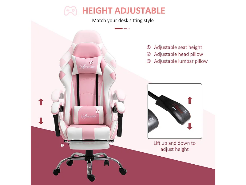 Chaise Gaming en Cuir, avec Repose-Pieds appui-tête coussin lombaire, hauteur réglable, ergonomique, 64x67x119/127cm