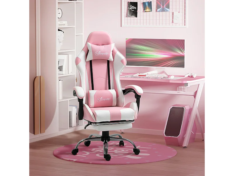 Gaming-Stuhl aus Leder, mit Fußstütze Kopfstütze Lendenkissen, höhenverstellbar, ergonomisch, 64x67x119/127cm