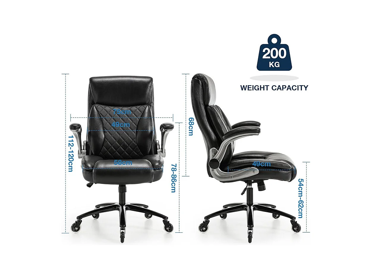 Chaise de bureau avec 5 roulettes - accoudoirs pliable - hauteur réglable - Charge 200kg - Tissu Noir