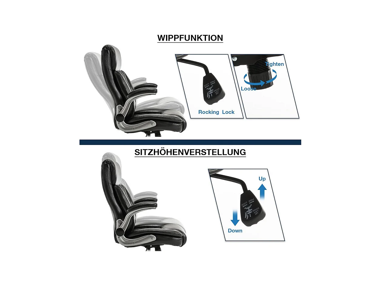 Chaise de bureau avec 5 roulettes - accoudoirs pliable - hauteur réglable - Charge 200kg - Tissu Noir