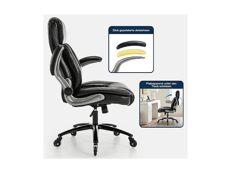 Chaise de bureau avec 5 roulettes - accoudoirs pliable - hauteur réglable - Charge 200kg - Tissu Noir