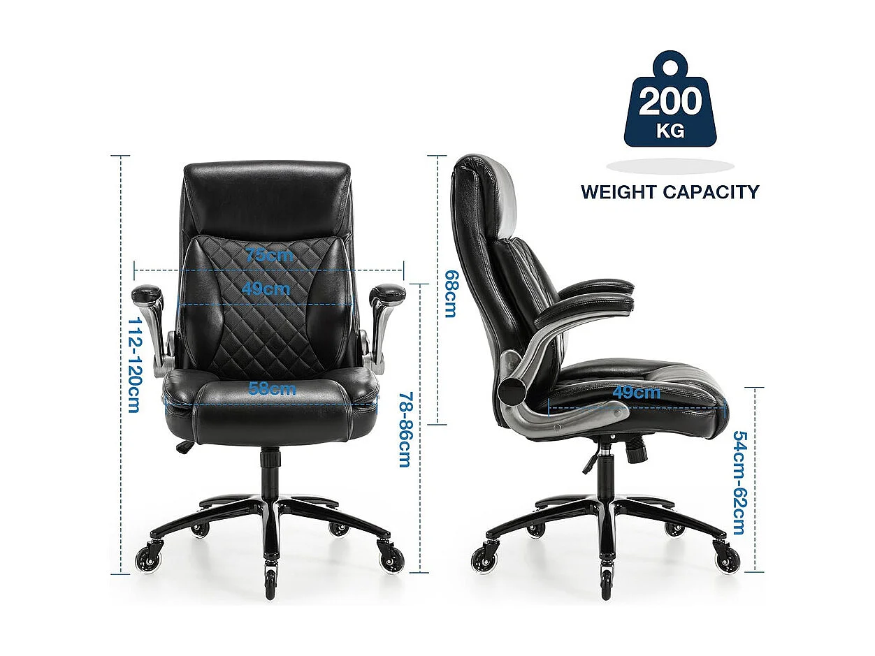 Chaise de bureau avec 5 roulettes - accoudoirs pliable - hauteur réglable - Charge 200kg - Tissu Noir