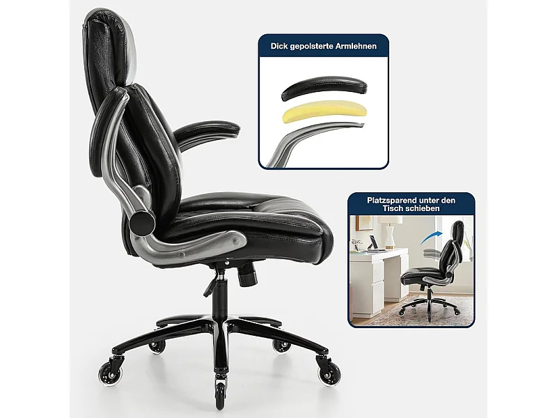 Chaise de bureau avec 5 roulettes - accoudoirs pliable - hauteur réglable - Charge 200kg - Tissu Noir