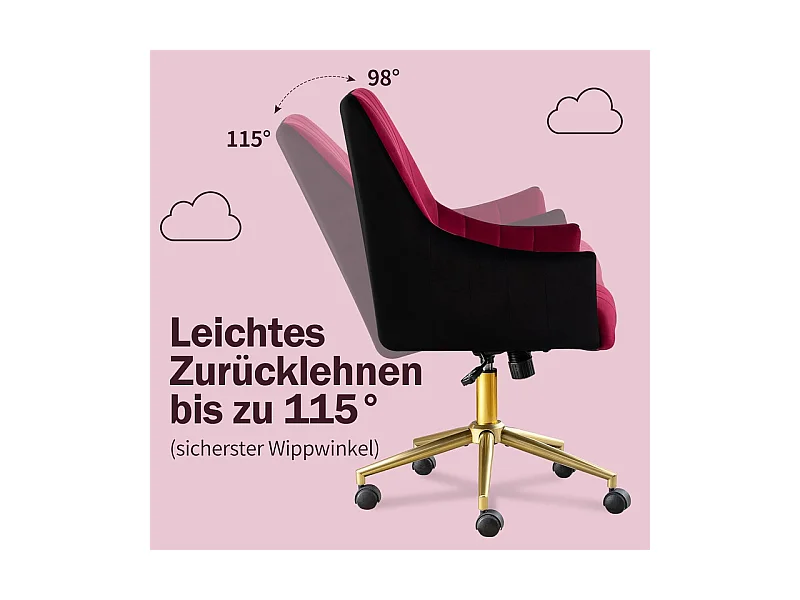Chaise de bureau pivotante en velours - avec 5 roulettes - hauteur réglable - charge 150kg - Rouge