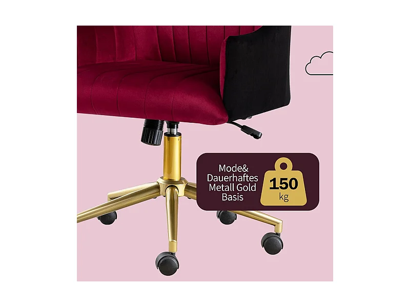Chaise de bureau pivotante en velours - avec 5 roulettes - hauteur réglable - charge 150kg - Rouge