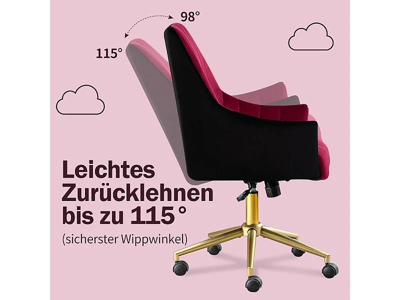 Chaise de bureau pivotante en velours - avec 5 roulettes - hauteur réglable - charge 150kg - Rouge