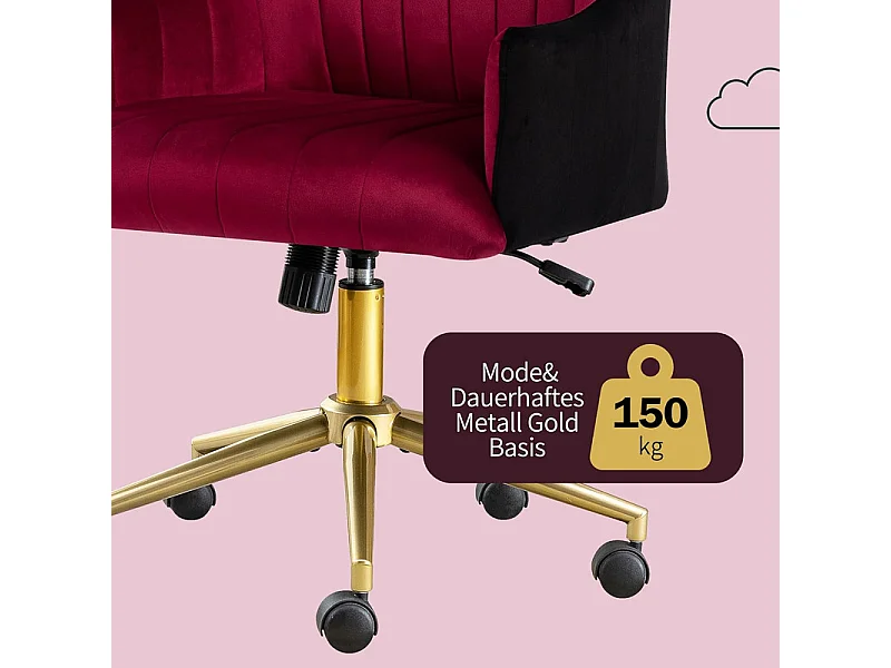 Chaise de bureau pivotante en velours - avec 5 roulettes - hauteur réglable - charge 150kg - Rouge