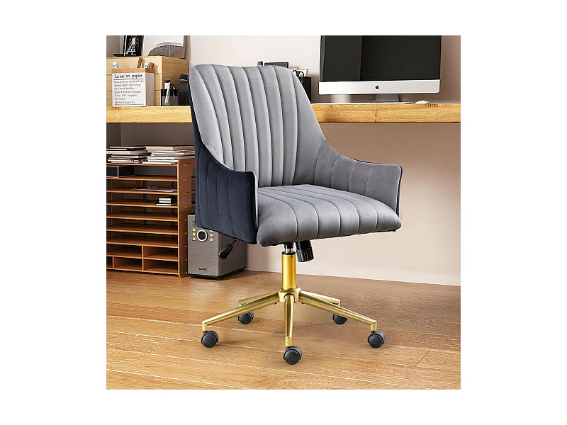 Chaise de bureau pivotante en velours - avec 5 roulettes - hauteur réglable - charge 150kg - Gris