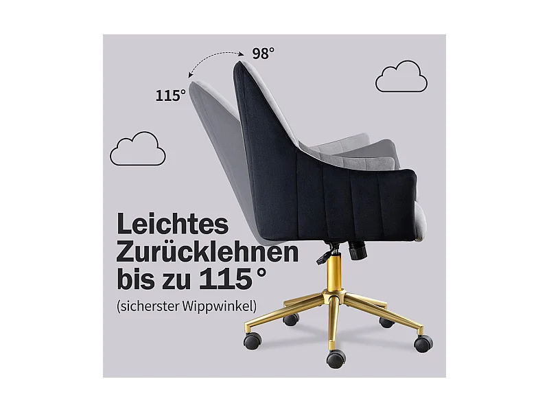 Chaise de bureau pivotante en velours - avec 5 roulettes - hauteur réglable - charge 150kg - Gris
