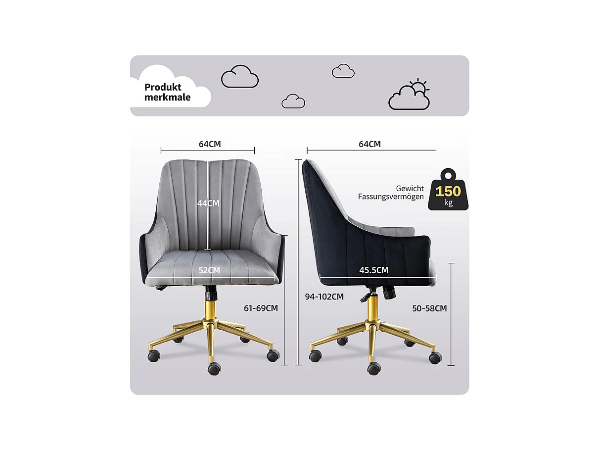 Chaise de bureau pivotante en velours - avec 5 roulettes - hauteur réglable - charge 150kg - Gris