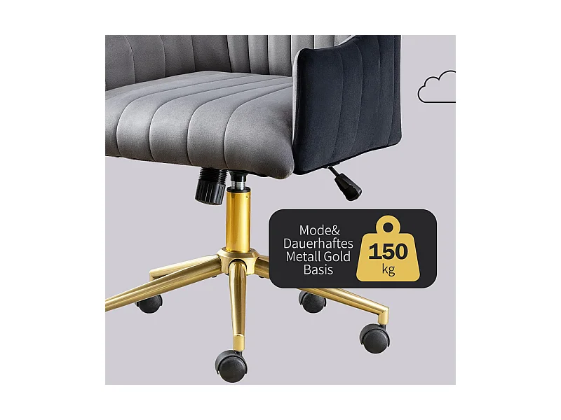 Chaise de bureau pivotante en velours - avec 5 roulettes - hauteur réglable - charge 150kg - Gris