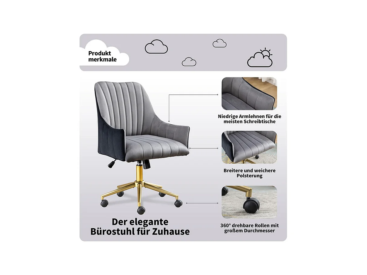 Chaise de bureau pivotante en velours - avec 5 roulettes - hauteur réglable - charge 150kg - Gris