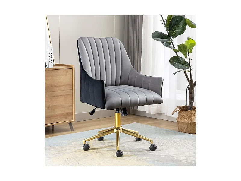 Chaise de bureau pivotante en velours - avec 5 roulettes - hauteur réglable - charge 150kg - Gris