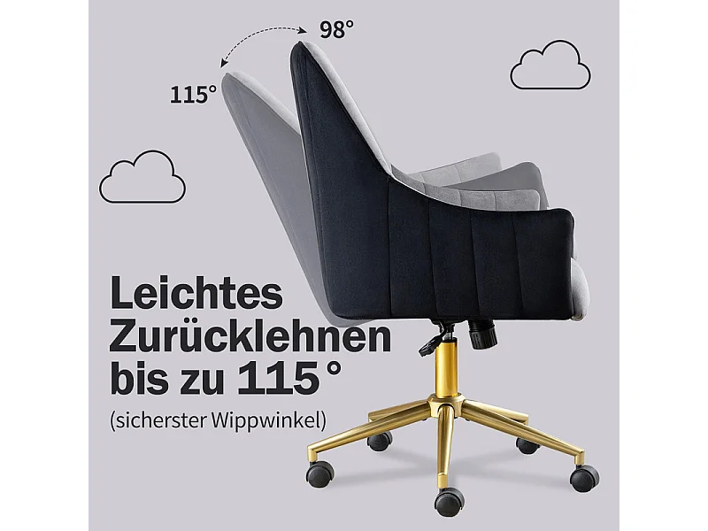 Chaise de bureau pivotante en velours - avec 5 roulettes - hauteur réglable - charge 150kg - Gris