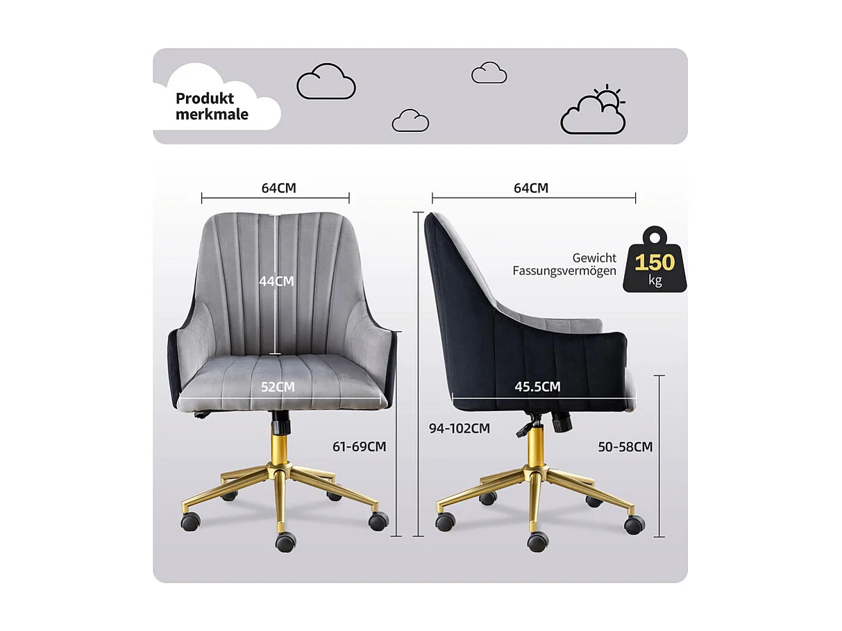 Chaise de bureau pivotante en velours - avec 5 roulettes - hauteur réglable - charge 150kg - Gris