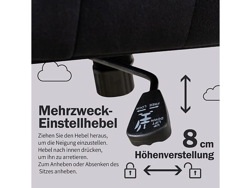 Chaise de bureau pivotante en velours - avec 5 roulettes - hauteur réglable - charge 150kg - Gris