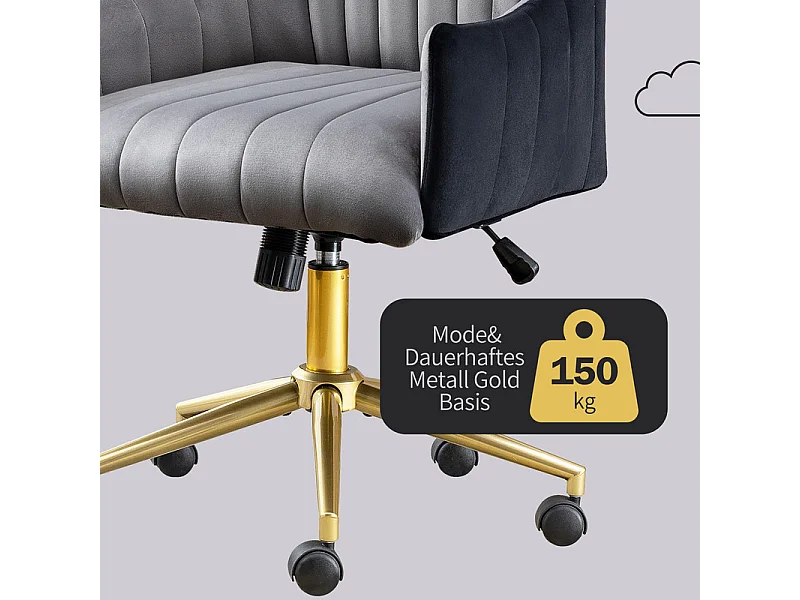 Chaise de bureau pivotante en velours - avec 5 roulettes - hauteur réglable - charge 150kg - Gris