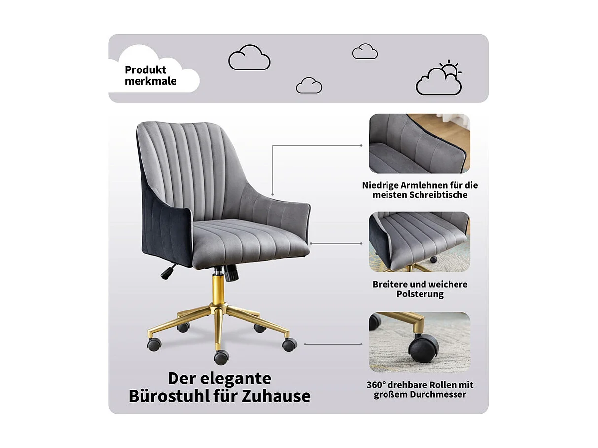 Chaise de bureau pivotante en velours - avec 5 roulettes - hauteur réglable - charge 150kg - Gris