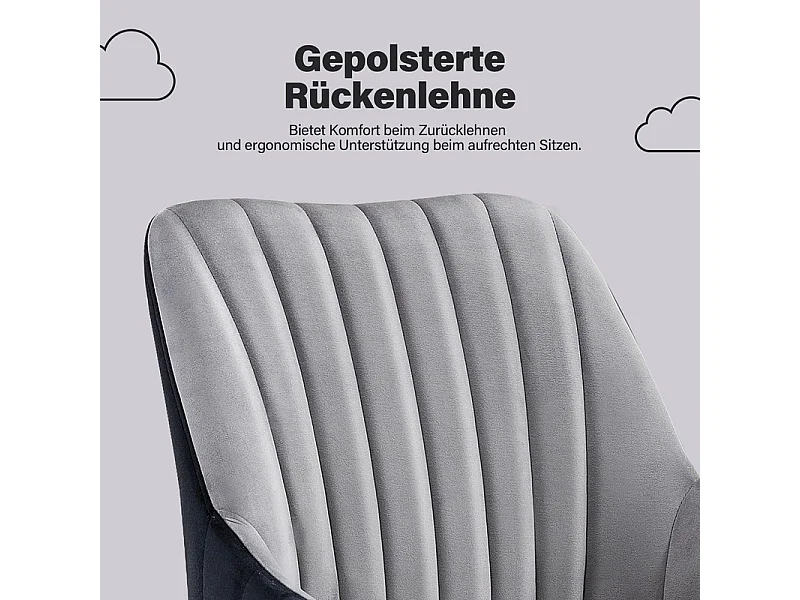 Chaise de bureau pivotante en velours - avec 5 roulettes - hauteur réglable - charge 150kg - Gris