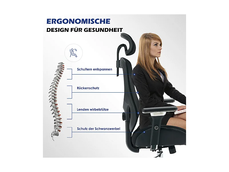 Ergonomische bureaustoel - Stof - Belasting 230kg - Kantelbaar draaibaar - armsteunen hoofdsteun verstelbare lendensteun