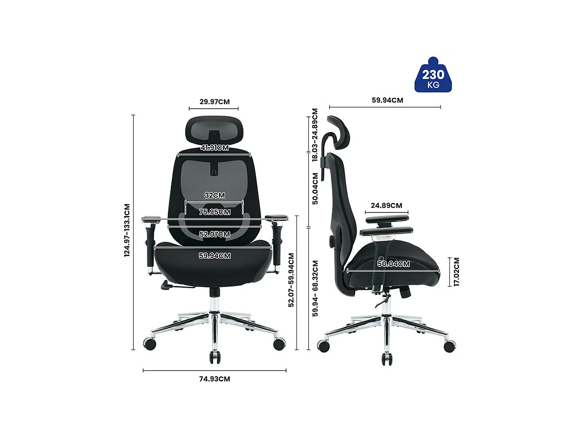 Ergonomische bureaustoel - Stof - Belasting 230kg - Kantelbaar draaibaar - armsteunen hoofdsteun verstelbare lendensteun