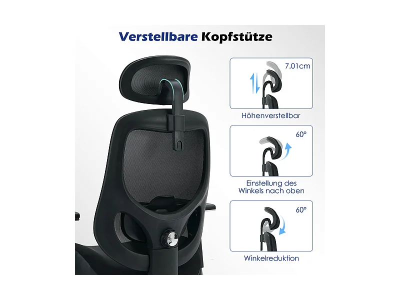 Ergonomische bureaustoel - Stof - Belasting 230kg - Kantelbaar draaibaar - armsteunen hoofdsteun verstelbare lendensteun