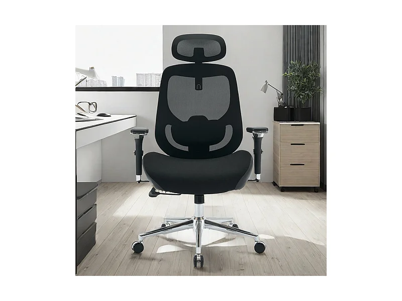 Chaise de bureau ergonomique - Tissu - Charge 230kg - Inclinable pivotant - accoudoirs appui-tête support lombaire réglable