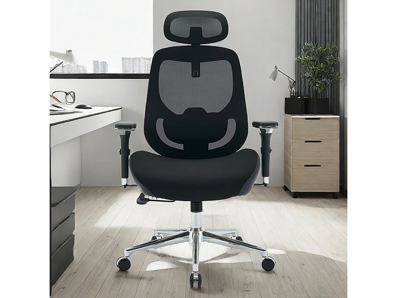 Ergonomischer Bürostuhl - Stoff - Belastung 230kg - Neigbar drehbar - Armlehnen Kopfstütze verstellbare Lendenunterstützung