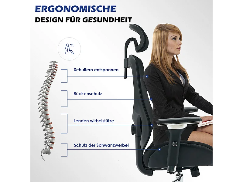 Ergonomischer Bürostuhl - Stoff - Belastung 230kg - Neigbar drehbar - Armlehnen Kopfstütze verstellbare Lendenunterstützung